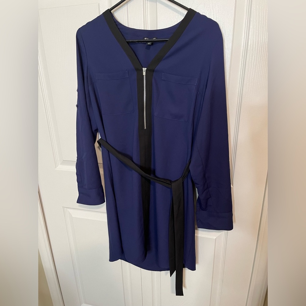 Blue Express Roll Up Sleeve Dress With Black Trim & Ribbon Belt size Medium